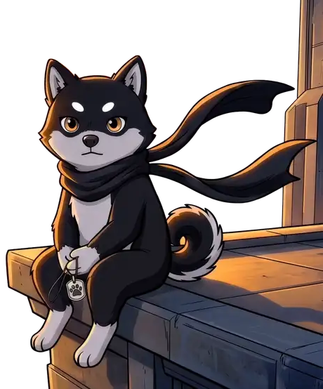 MAME — the last shiba, sitting on a ledge above the city